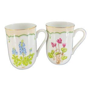 Vintage George Briard Porcelain Coffee Mug Cup Set 2 Botanical Flower Blue Red